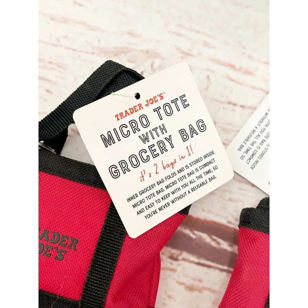TRADER JOES Lot of 2 Canvas Micro Tote Bag with Reusable Grocery Bag Red NWT